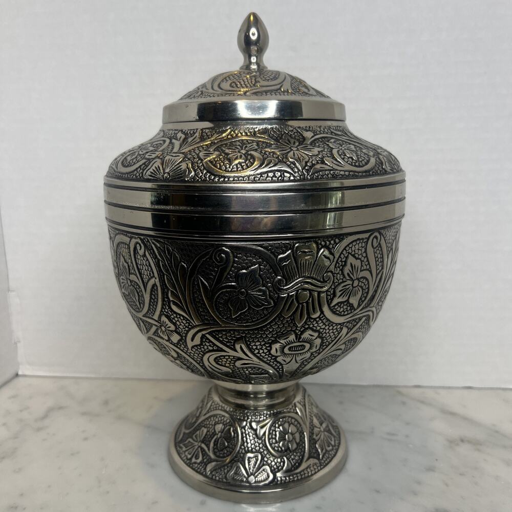 Anglo-Raj Silver Plated Brass Footed Centerpiece Urn remains Vase 12" Heavy